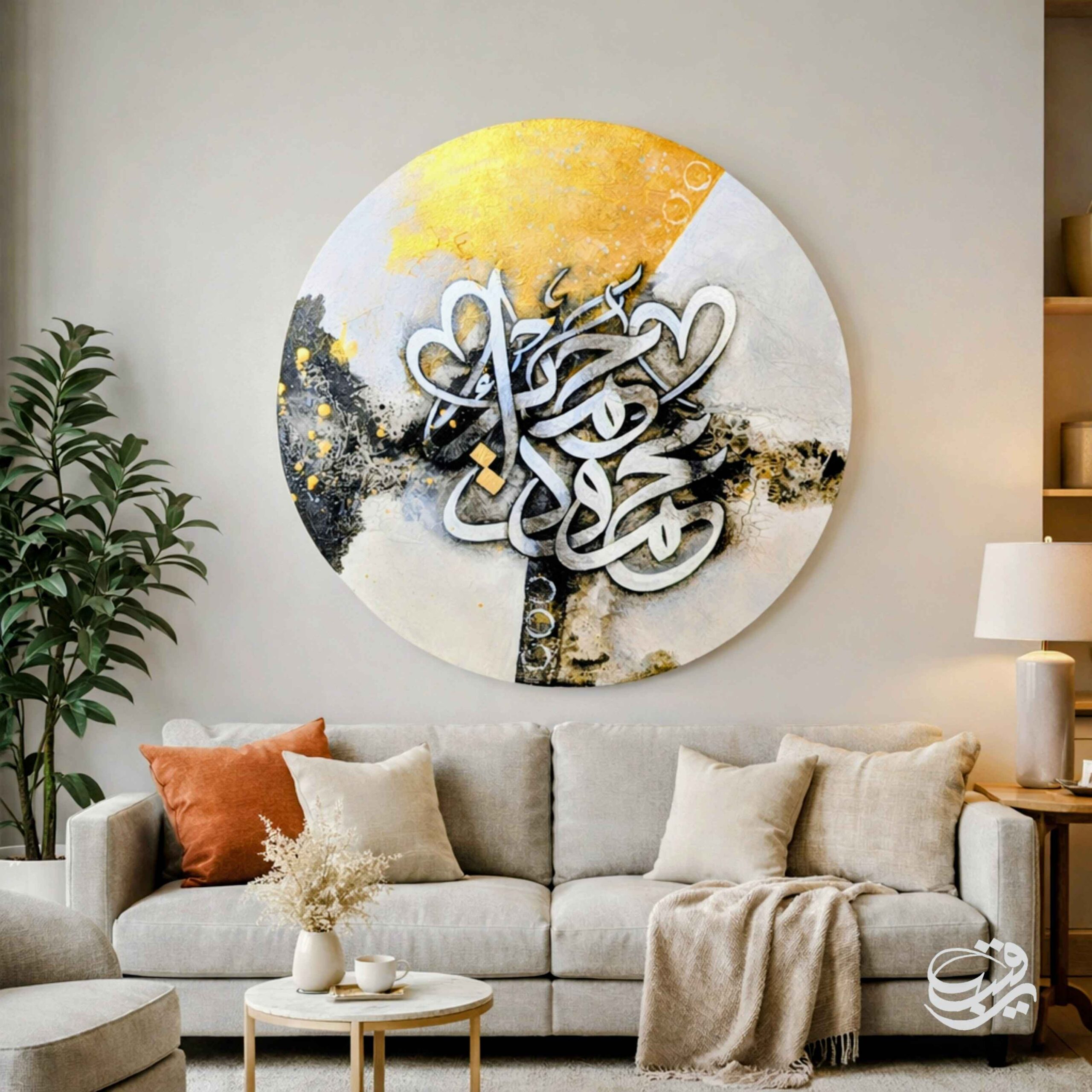 Arabic calligraphy painting. couple name calligraphy Painted on canvas with acrylic colors. size 24×24 inch. round Canvas